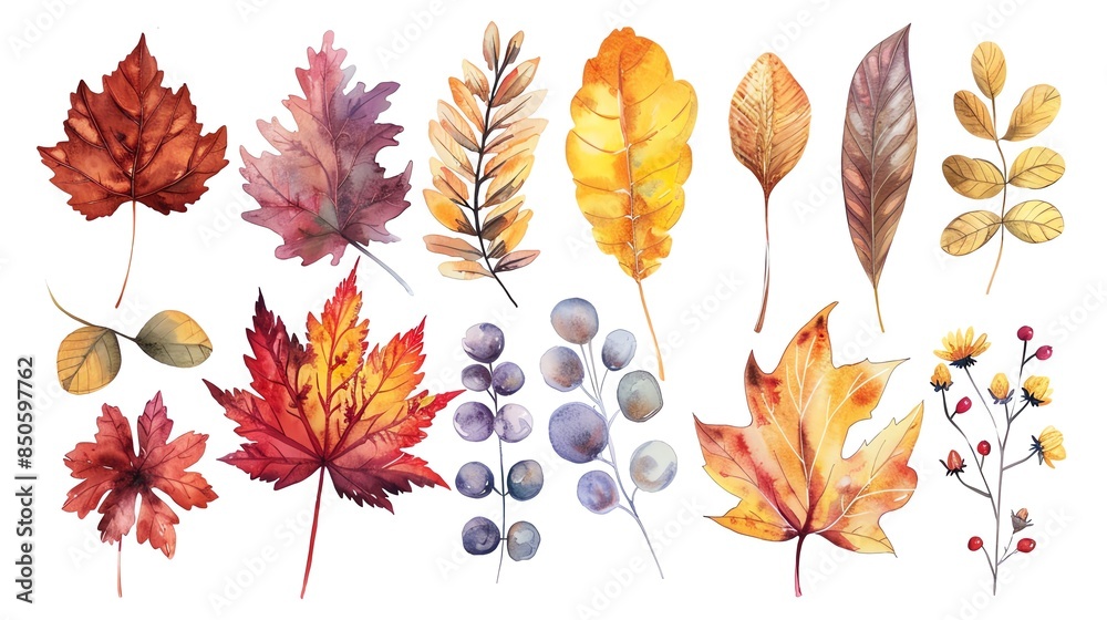 Obraz premium Autumn leaf and flower collection, watercolor painting, fall tones, isolated on white background