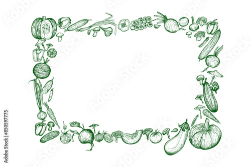 Vegetables and fruits Frame design. Vegetarian sketch, hand drawn illustration. Harvesting, vegetarianism. Green Banner of Healthy food, proper nutrition.