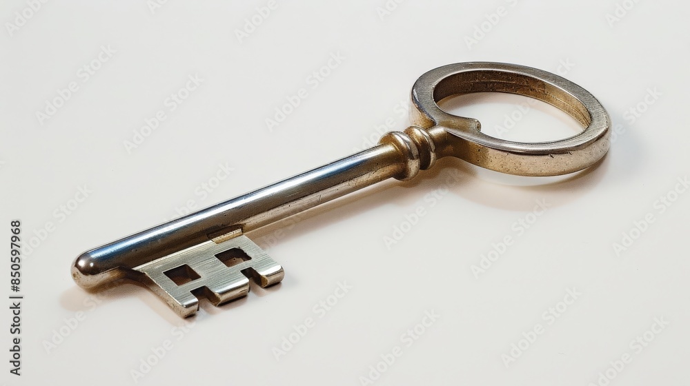 Studio photo of a metallic key with light reflecting off its surface on a plain white backdrop Studio photo of a metallic key with light reflecting off its surface on a plain white backdrop
