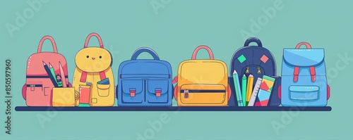 packed backpack essentials flat design front view school ready theme cartoon drawing Split-complementary color scheme