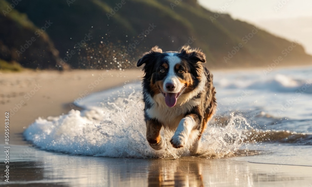 During golden hour, a joyful Australian Shepherd dog runs at the seashore, splashing water everywhere. There is plenty of empty space for text. During golden hour, a joyful Australian Shepherd dog runs at the seashore, splashing water everywhere. There is plenty of empty space for text.