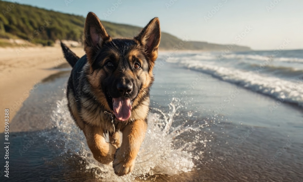 At golden hour, a happy German Shepherd dog runs joyfully along the seashore, water splashing everywhere. Perfect empty space for text. At golden hour, a happy German Shepherd dog runs joyfully along the seashore, water splashing everywhere. Perfect empty space for text.
