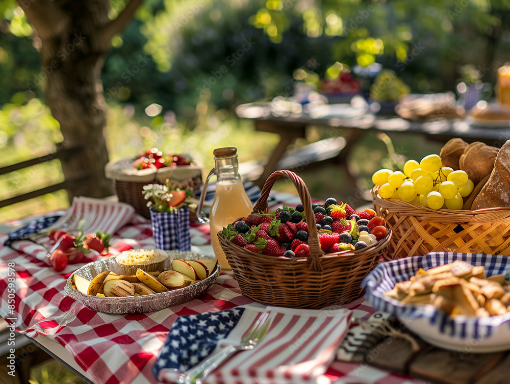 Patriotic table setting with American flag-themed decorations, picnic food spread for Independence Day Patriotic table setting with American flag-themed decorations, picnic food spread for Independence Day
