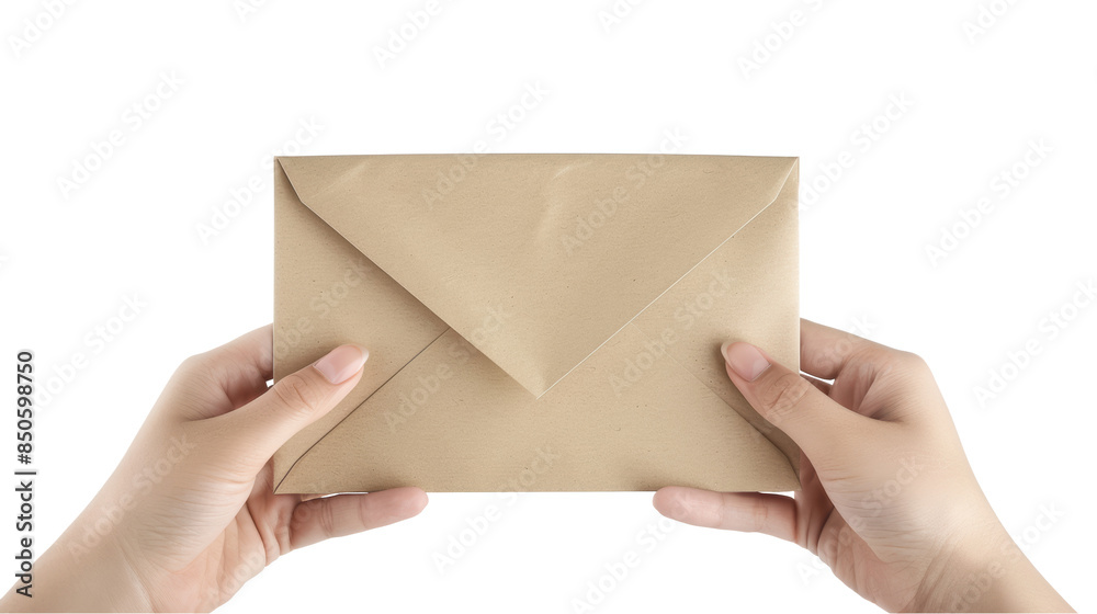 Hands hold an envelope on transparent background. Close-up of a hand holding a paper envelope. Hands hold an envelope on transparent background. Close-up of a hand holding a paper envelope.