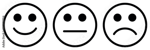 emoticon icon set, three emoji - happy, sad and neutral, symbol of smiley face, black and white vector illustration