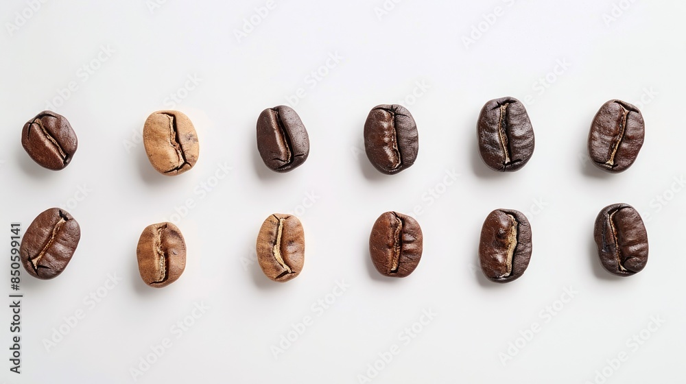 Majority of coffee beans separated on a white backdrop Majority of coffee beans separated on a white backdrop