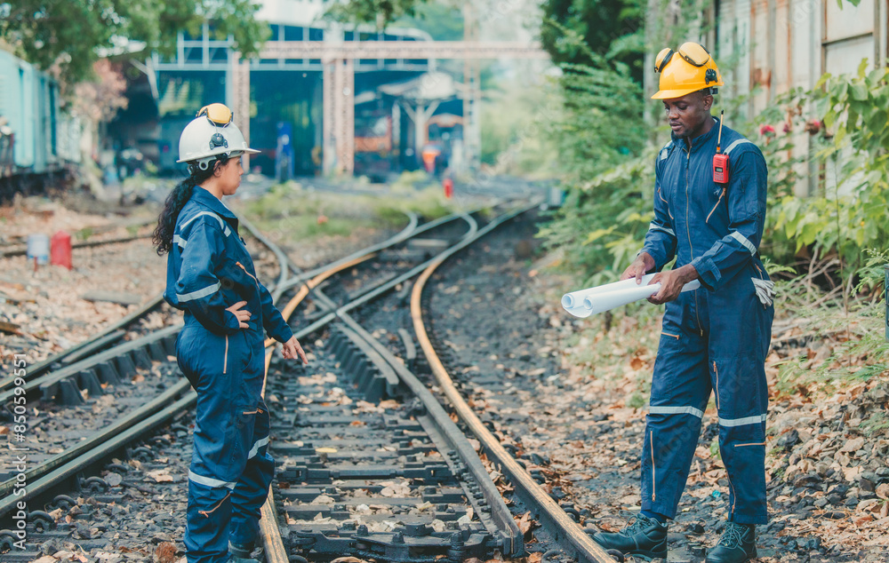 Engineer in safety gear inspects railway track for wear and alignment, ensuring safety standards. Engineer in safety gear inspects railway track for wear and alignment, ensuring safety standards.