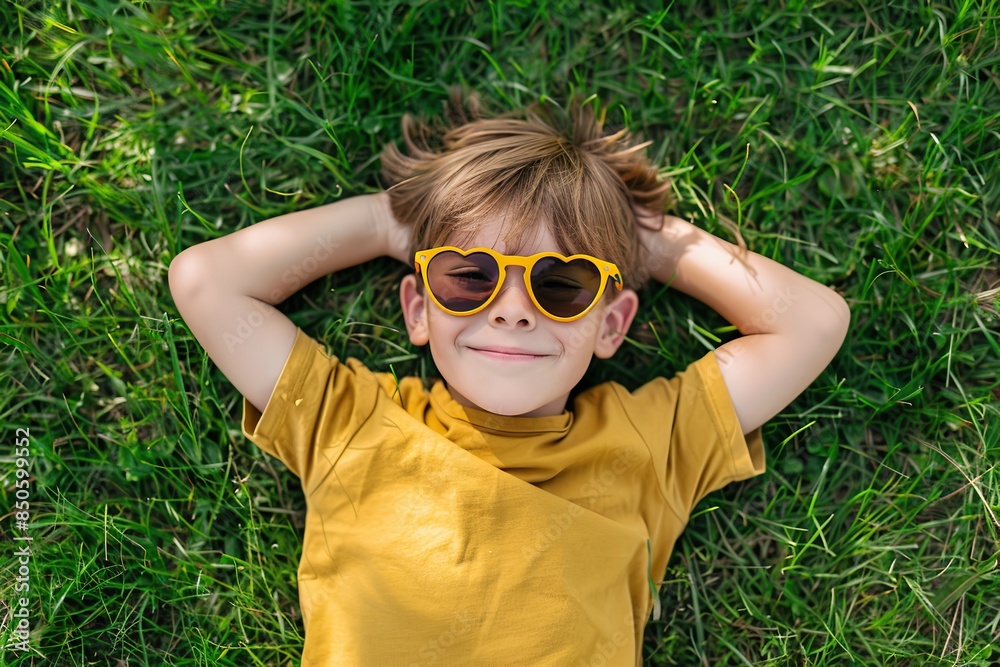 Happy stylish child lying on spring green grass. 4-5 years old boy lying back on perfect lawn top view. Kid wearing yellow t-shirt, red heart shaped sunglasses outdoors in a backyard. Summer activity Happy stylish child lying on spring green grass. 4-5 years old boy lying back on perfect lawn top view. Kid wearing yellow t-shirt, red heart shaped sunglasses outdoors in a backyard. Summer activity