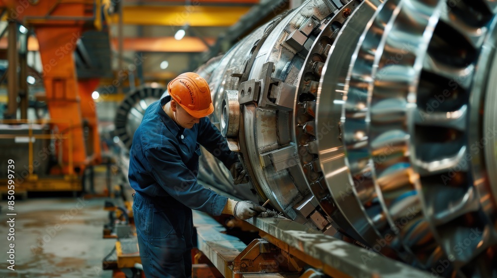A man in a blue jacket is working on a large piece of machinery. Concept of industry and hard work, as the man is focused on his task A man in a blue jacket is working on a large piece of machinery. Concept of industry and hard work, as the man is focused on his task