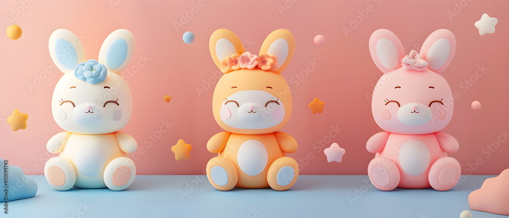 Obraz premium 3D clay, Adorable clay pet dolls ,muted pastels, Blender 3d, Easter bunny with colorful eggs and cute , kawaii pets model, dolls decorations