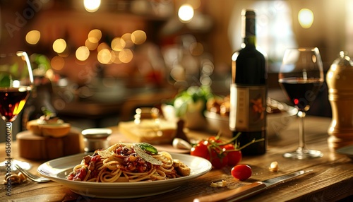 Italian Feast: A wooden table featuring an Italian feast with dishes like pasta