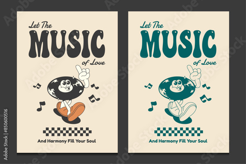 retro 70s poster or graphic t-shirt design with vinyl record mascot cartoon character, vector illustration