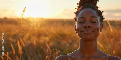 Backlit portrait of calm, happy, smiling, free black woman with eyes closed enjoying single life, bachelor, free, independent woman, enjoying beautiful moment in field at sunset life, flora, botany, o photo