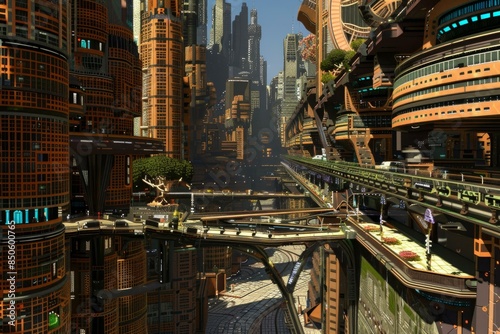 Elaborate 3d illustration of an advanced futuristic urban skyline with interconnected skyscrapers © anatolir