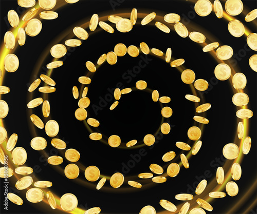Spiral whirlpool of coins on dark background.