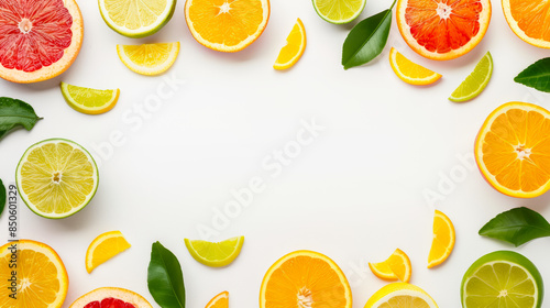 Colorful Citrus Fruit Border with Central Empty Space on White Background photo