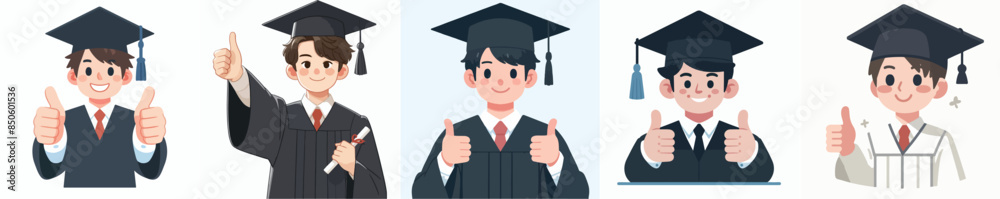 vector set of a graduate expressing a thumbs up in a flat design style ...