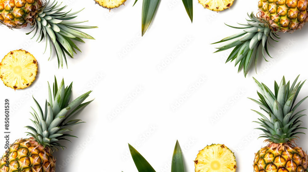 Fototapeta premium Fun Pineapple Fruit Border with Central White Text Space on White Background