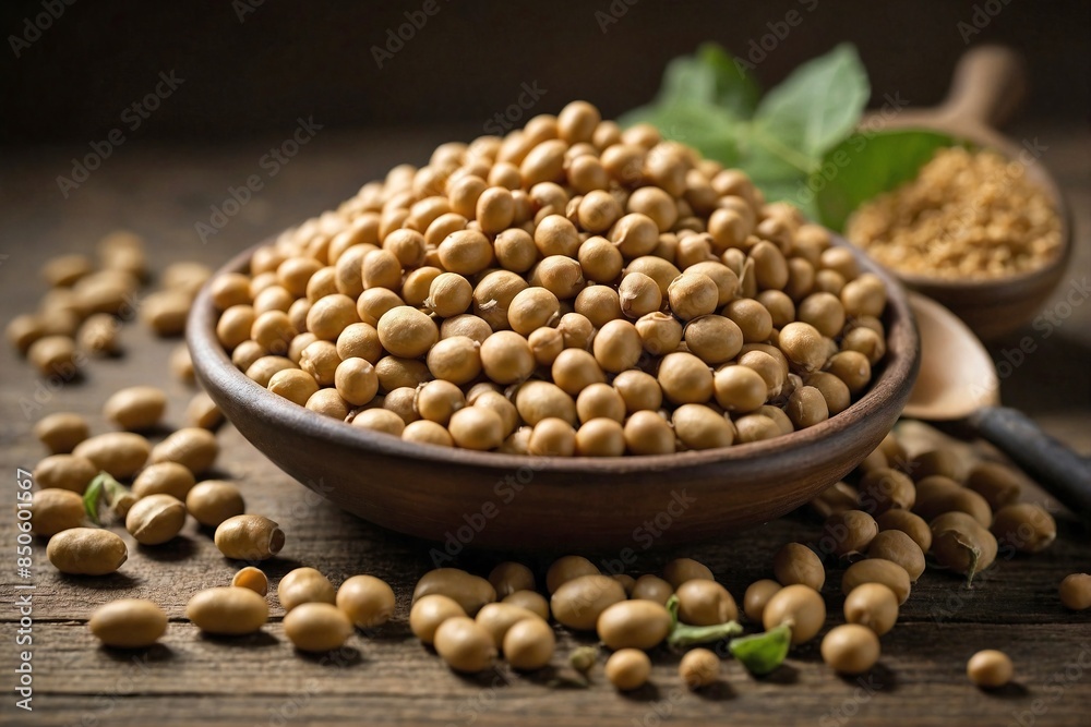 whole soybeans scattered on a rustic wooden surface whole soybeans scattered on a rustic wooden surface