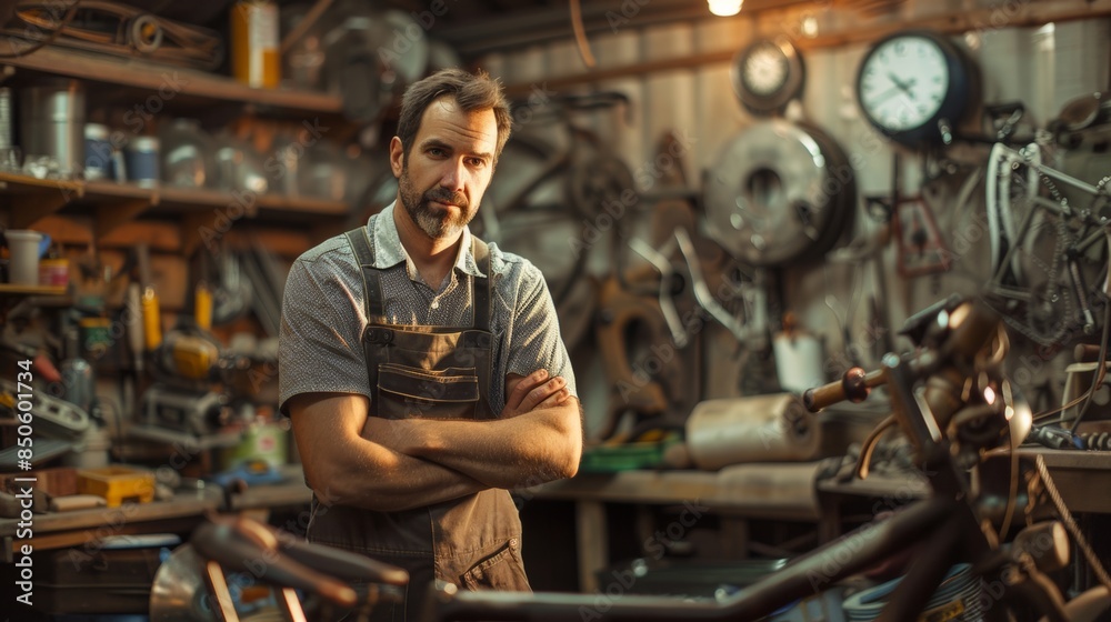 A man in a shop with his arms crossed standing next to a bike, AI A man in a shop with his arms crossed standing next to a bike, AI