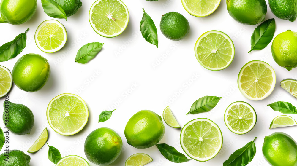 Bright Lime Fruit Border with Central White Space for Text, Isolated on White Background Bright Lime Fruit Border with Central White Space for Text, Isolated on White Background