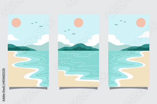 Set of summer travel flyers with beach and wave. Vector illustration in Minimalistic style