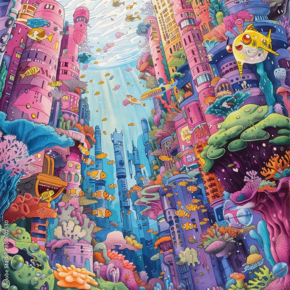Obraz premium A vibrant underwater city with tall buildings, colorful coral reefs, and fish swimming through the water.