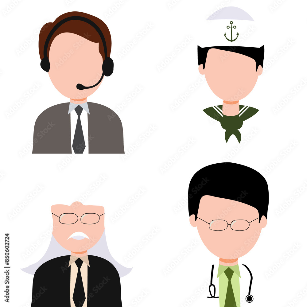Occupation characters with young businessman, ship captain, judge and doctor on png background. Occupation characters with young businessman, ship captain, judge and doctor on png background.