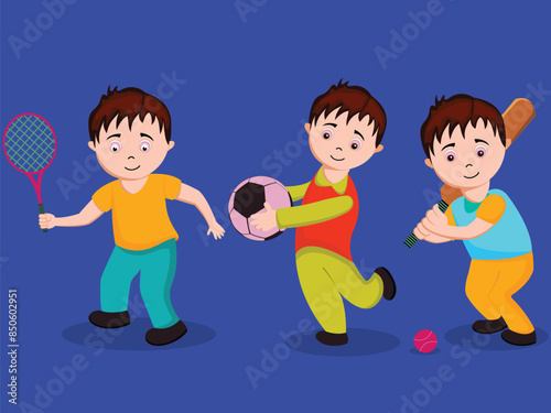 Character of three boys holding tennis racquet, football and cricket bat on blue background.