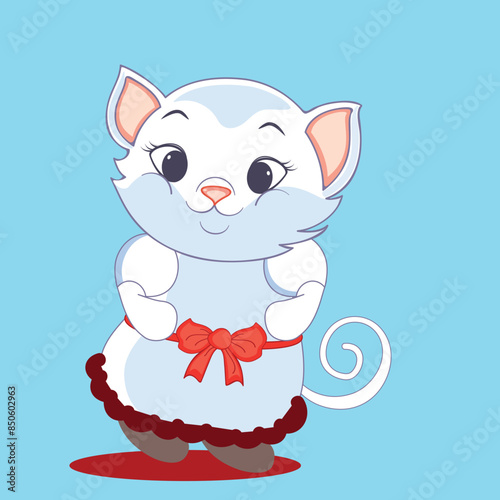 Cute Dancing Cartoon Cat with Wearing Bow Dress Illustration.