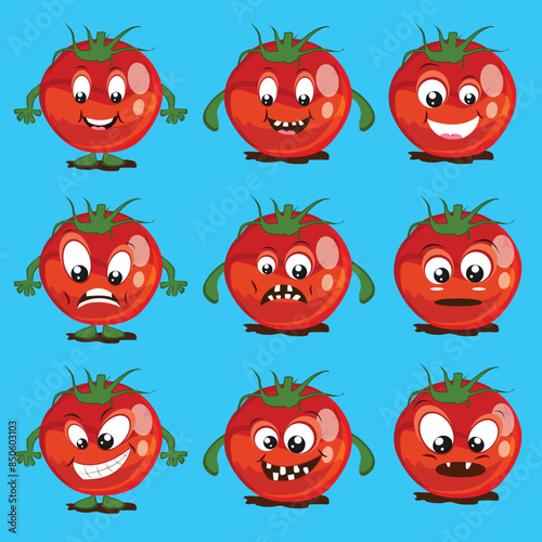 Cartoon tomato in different modes facial expression illustration.