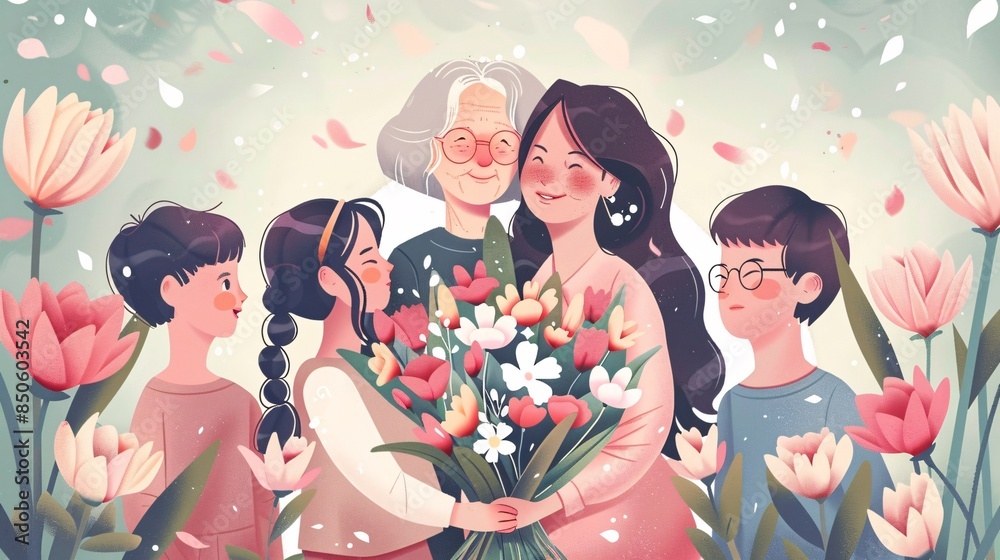 Illustration of a mother being honored with flowers and respect by her family Illustration of a mother being honored with flowers and respect by her family