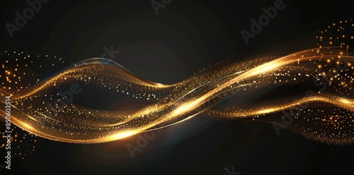 An illustration of golden dynamic lights linze effect isolated on a black background. An abstract background for a science, futuristic, energy technology concept. A digital image with light lines. photo