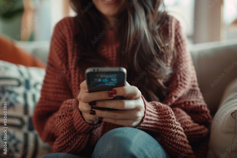 Fototapeta premium The concept of socializing, using a smartphone for close photos of smiling women, sitting on the couch at home, wearing a casual shirt and jeans, focused on holding the phone screen in hand