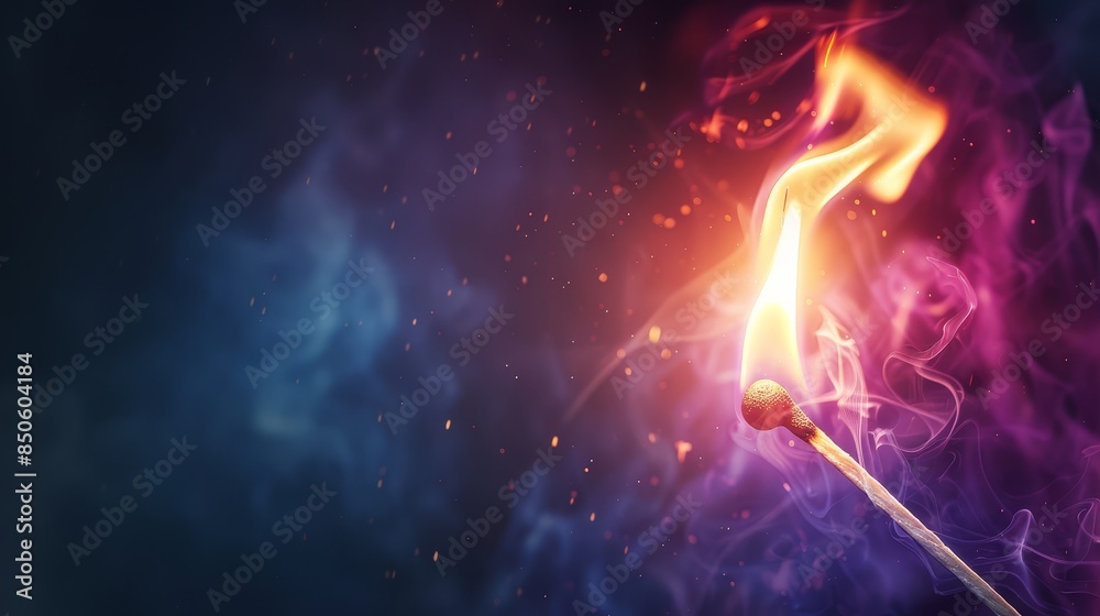 Burning Matchstick in a Swirling Smoke - A matchstick burns brightly, creating a vibrant orange flame against a backdrop of swirling purple and blue smoke. Burning Matchstick in a Swirling Smoke - A matchstick burns brightly, creating a vibrant orange flame against a backdrop of swirling purple and blue smoke.