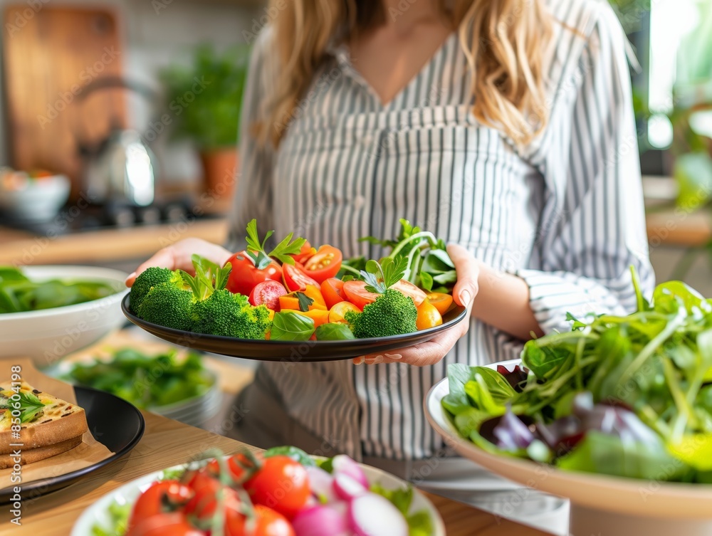 Woman Holding a Plate of Fresh Salad with Broccoli, Tomatoes, and Greens in a Kitchen Setting Woman Holding a Plate of Fresh Salad with Broccoli, Tomatoes, and Greens in a Kitchen Setting