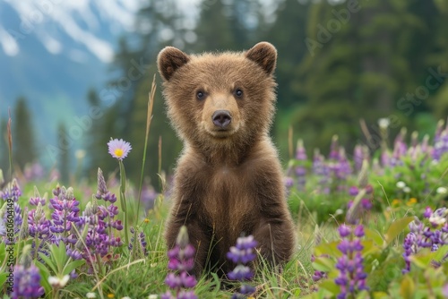 A bear cub stands in the grass surrounded by purple flowers, looking at the