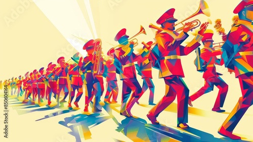 A Marching Band in Vivid Colors - A marching band with brass instruments in a colorful and geometric style.