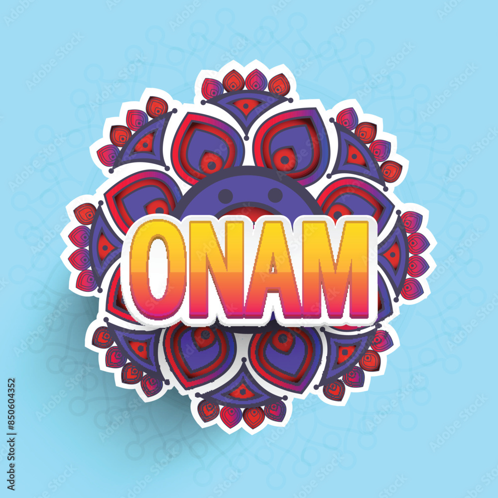 Sticker Style Onam Text on Rangoli (Atham) and Blue Background. Sticker Style Onam Text on Rangoli (Atham) and Blue Background.