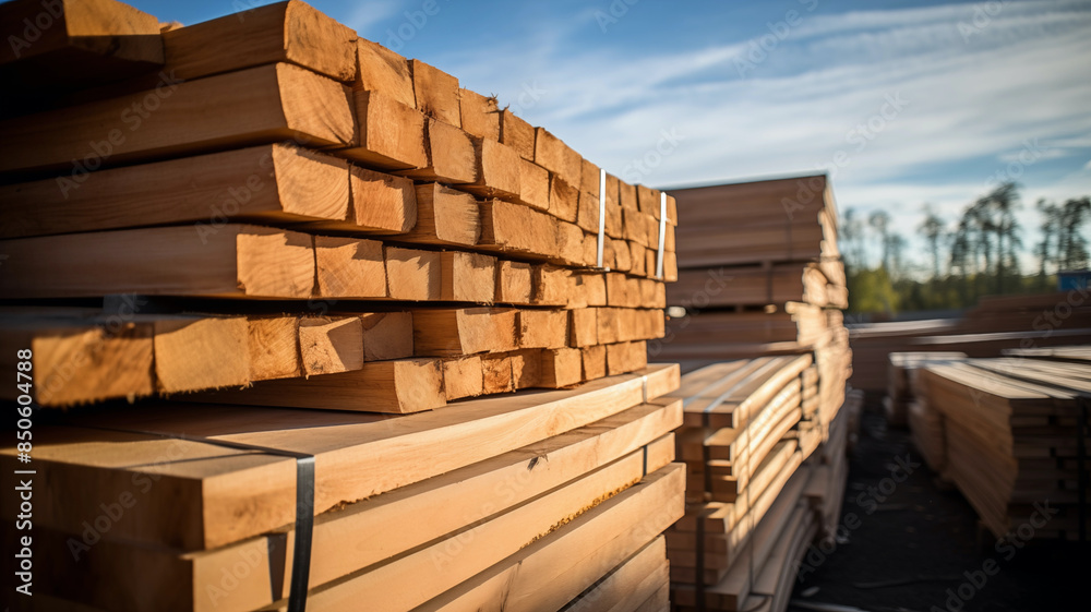 Lumber yard with stacks of unprocessed lumber and some processed; background image Lumber yard with stacks of unprocessed lumber and some processed; background image