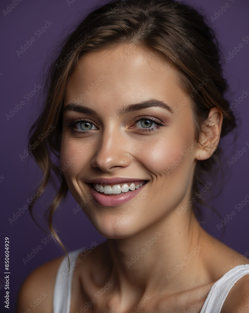 Naklejka premium purple background studio portrait of smiling caucasian pretty woman model with clear smooth skin