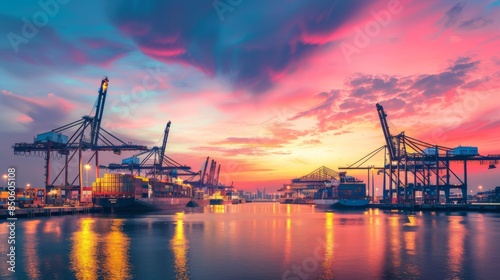A port at sunset with the sky ablaze in vibrant colors, containers and cranes illuminated by the warm light