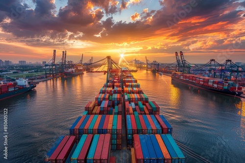 A row of stacked, colorful shipping containers at a busy Asean commercial sea port in Logistics and supply chain business