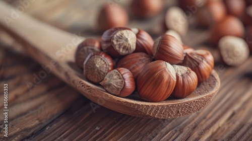 Hazelnuts displayed on a wooden spoon