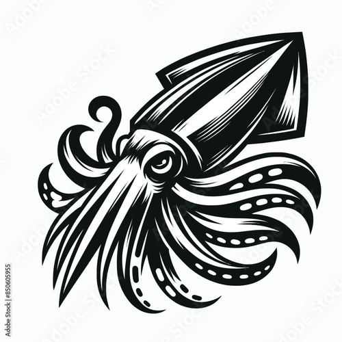 squid mascot logo in black and white silhouette