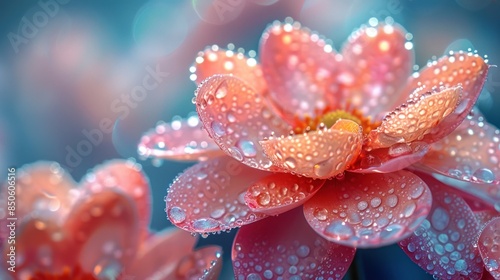 Blooming flower with dewdrops close up, focus on petals freshness vibrant palette, Double exposure, garden backdrop