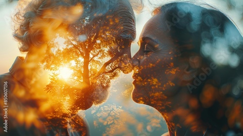 Caring for the elderly, close up, focus on, copy space, bright compassion, double exposure silhouette with hands