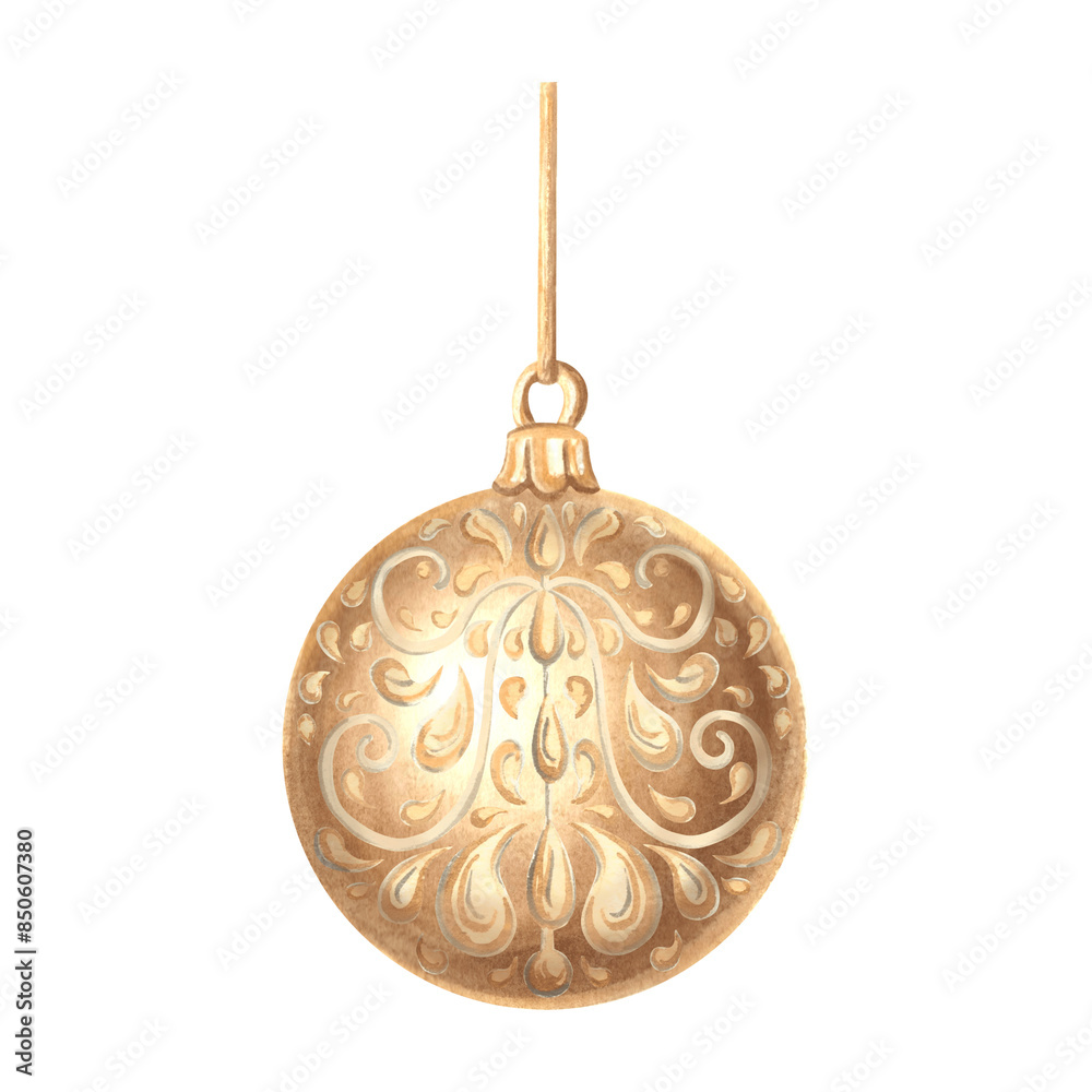 Christmas tree ball with gold ornate pattern. Drawing in vintage. Hand drawn watercolor illustration holiday decoration. Isolated template for invitation, greeting card, wrapping, New Year, print. Christmas tree ball with gold ornate pattern. Drawing in vintage. Hand drawn watercolor illustration holiday decoration. Isolated template for invitation, greeting card, wrapping, New Year, print.