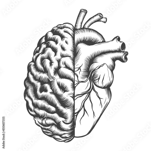 Hand drawn human brain and anatomical heart. Vintage sketch vector illustration isolated on white background. Logic and emotion priority concept. Monochrome black and white engraving