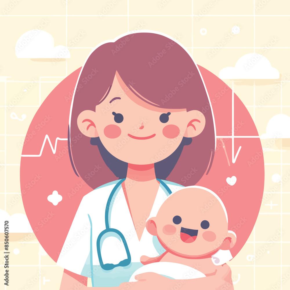 cartoon of a midwife with a happily smiling baby cartoon of a midwife with a happily smiling baby